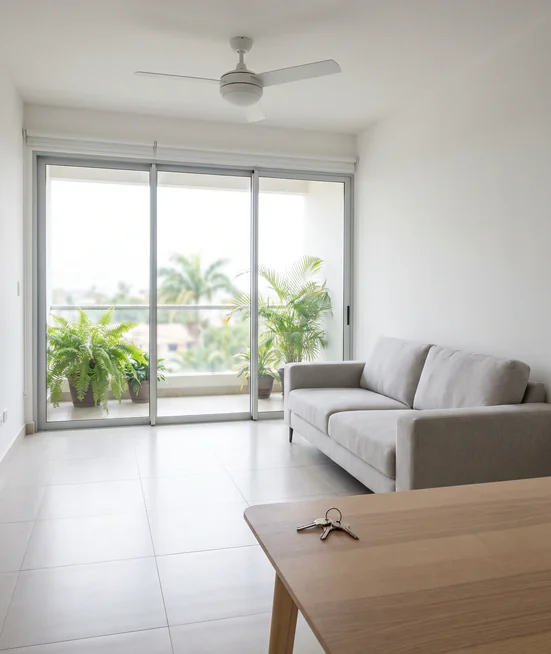 Bright, tidy living room of a rental apartment with keys on the table, ready for a new tenant